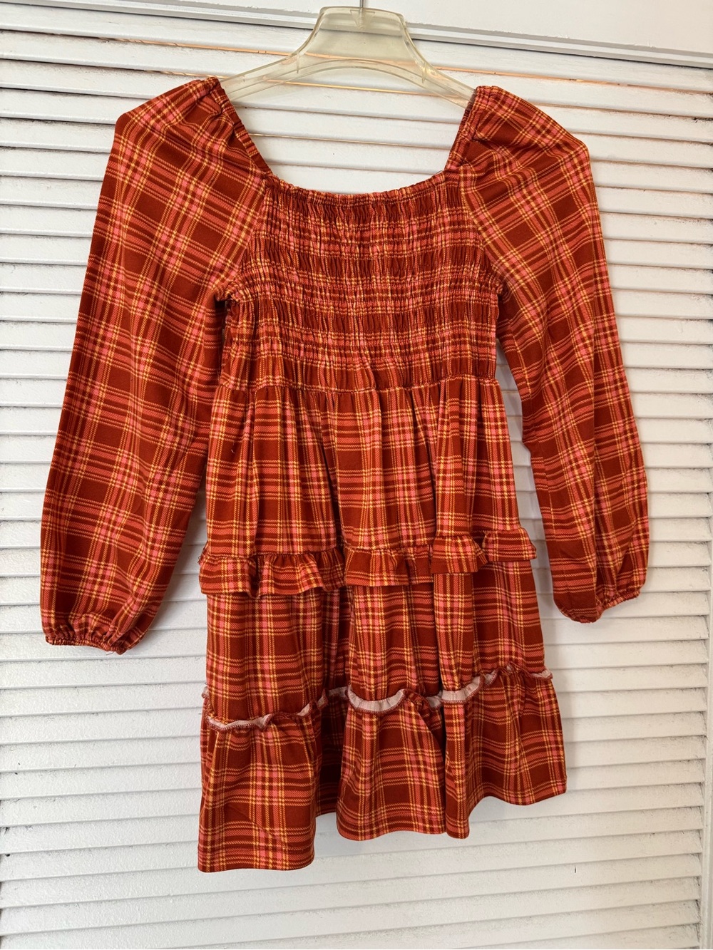 btween Orange Plaid Smocked Tiered Dress